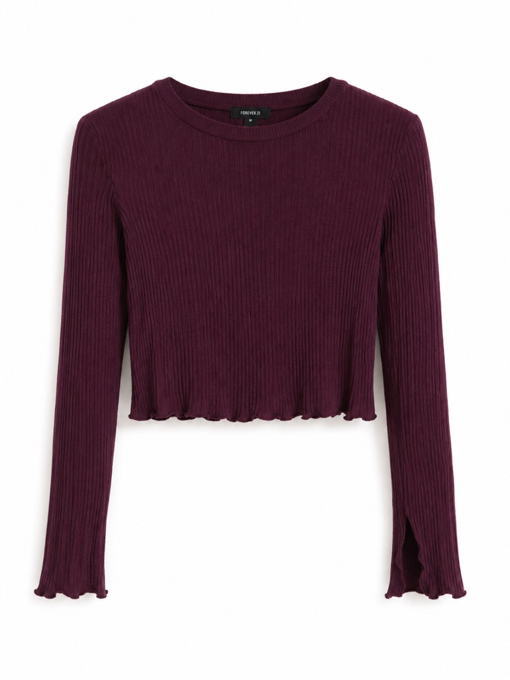 Forever 21 Burgundy Ribbed Long Sleeve Crop Top With Vents